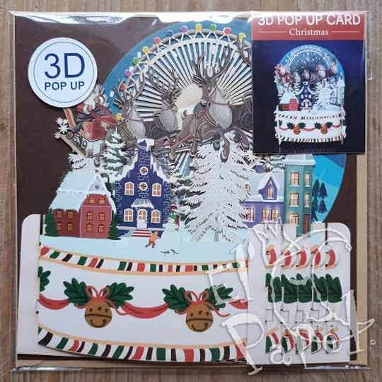Pop-up Kerstkaart Sneeuwpop met besneeuwde dennenbomen en kersthuisjes Pop-up Kerstkaart Sneeuwpop met besneeuwde dennenbomen en kersthuisjes