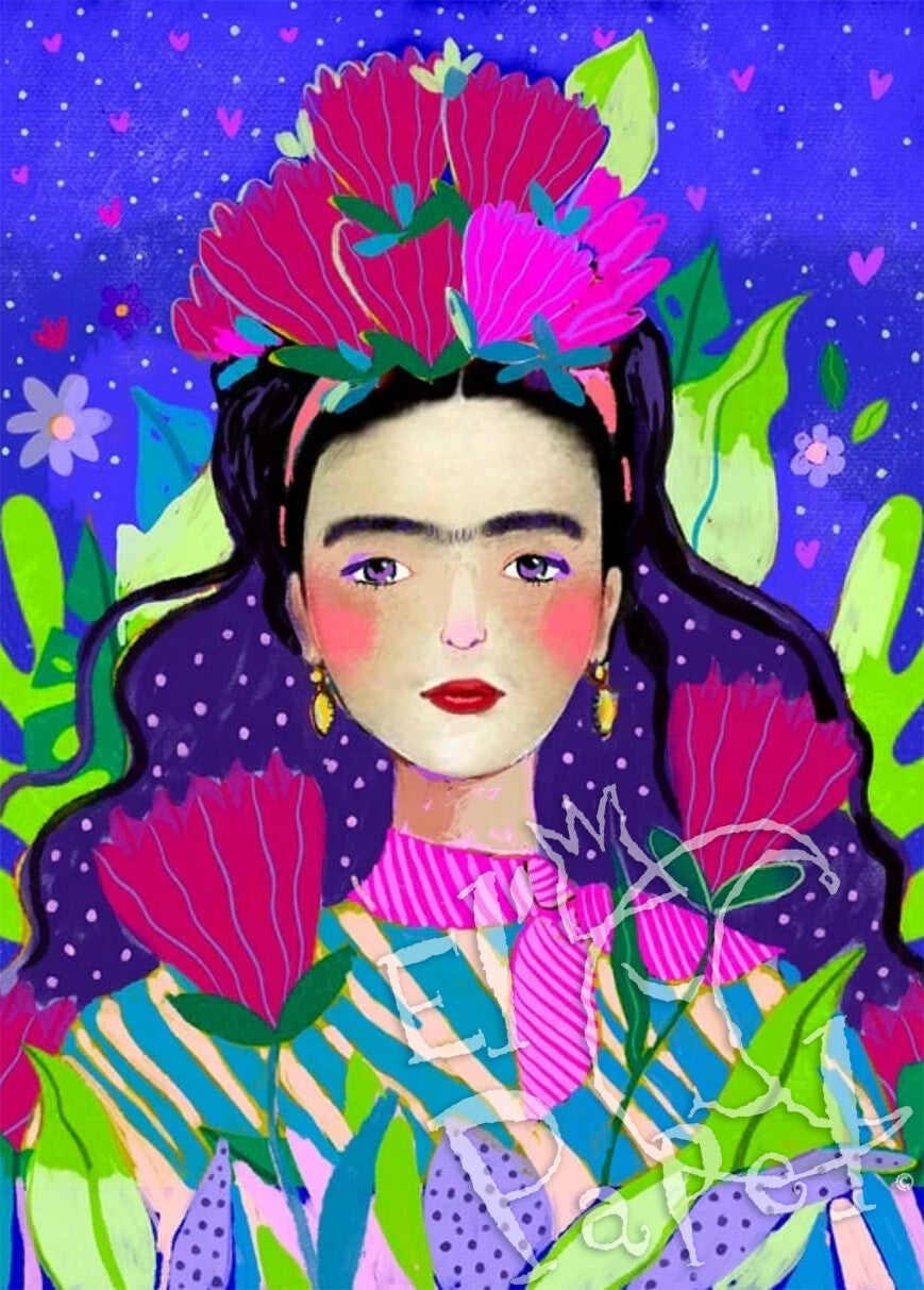 Ansichtkaart 'Frida Kahlo, paars en roze'