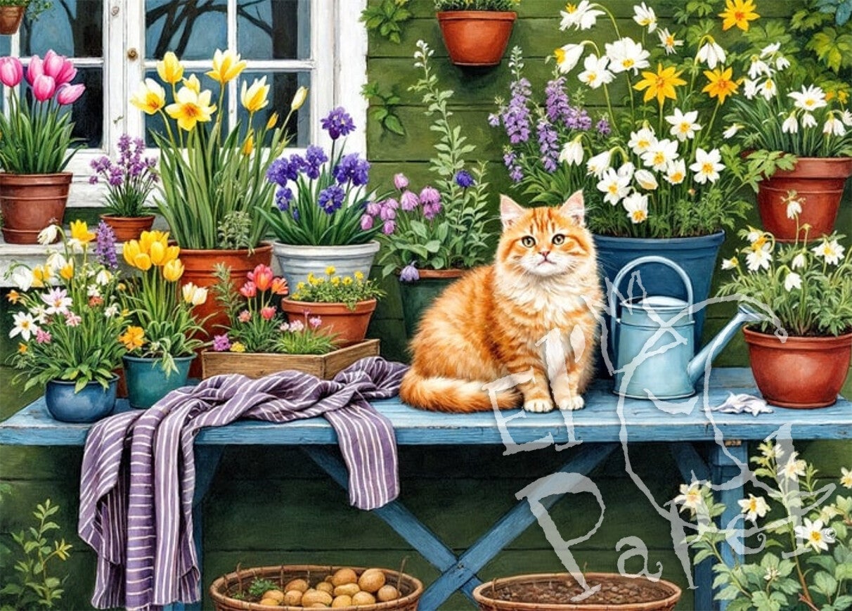 Ansichtkaart 'Poes op de tuintafel' (1)