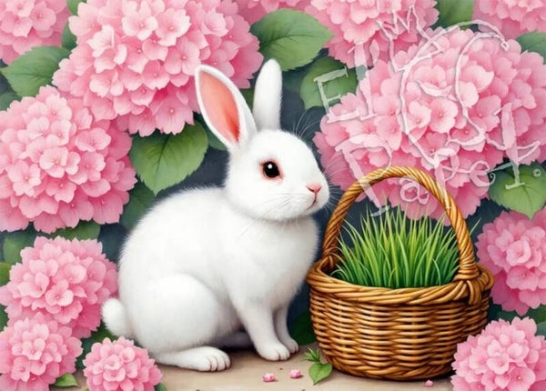 Ansichtkaart 'Konijntje tussen de hortensia'