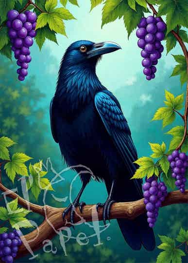 Ansichtkaart 'Mooie dieren - Raaf en blauwe druiven'