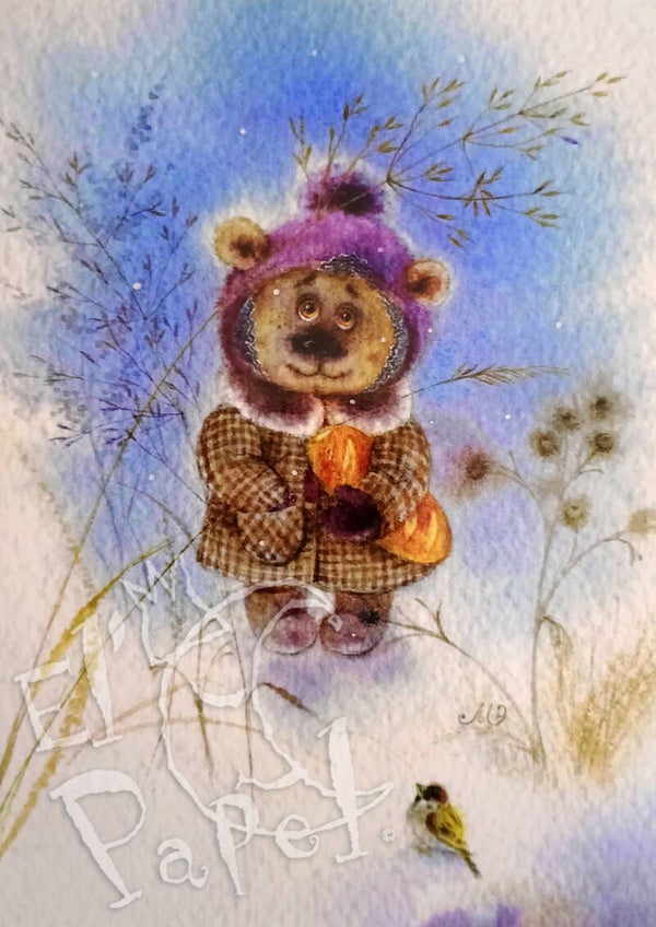 Ansichtkaart 'De winterse wereld: bruintje beer met brood'