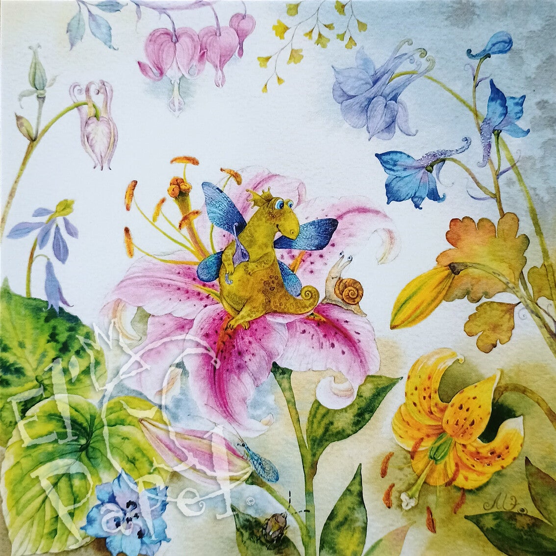 Vierkante ansichtkaart 'Draakje in de lelie'