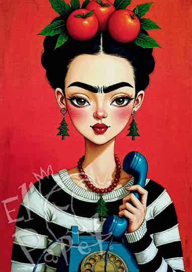 Kerst ansichtkaart 'Frida Kahlo met telefoon (old school)'