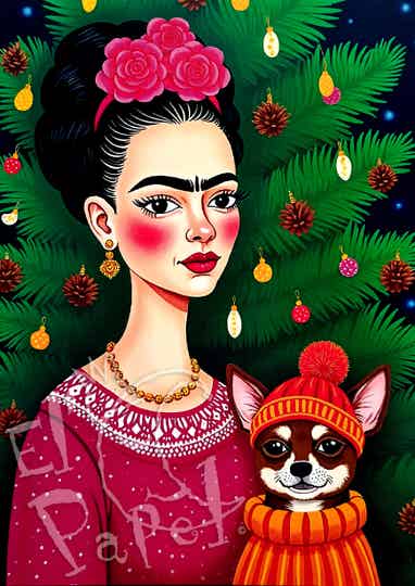 Kerst ansichtkaart 'Frida Kahlo met hondje'