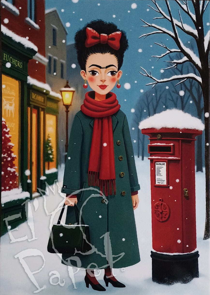 Ansichtkaart 'Frida Kahlo bij brievenbus'