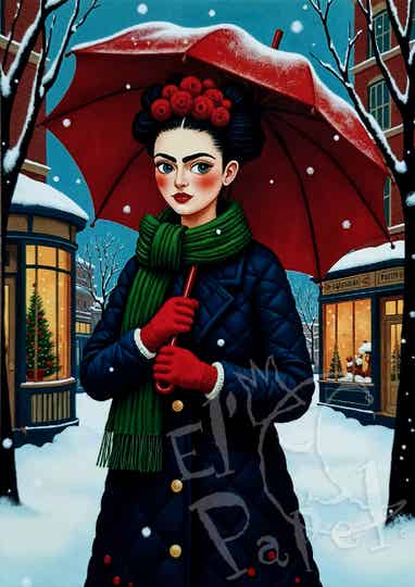 Kerst ansichtkaart 'Frida Kahlo met paraplu'