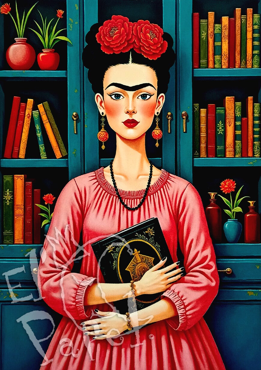 Ansichtkaart 'Frida Kahlo met boek'