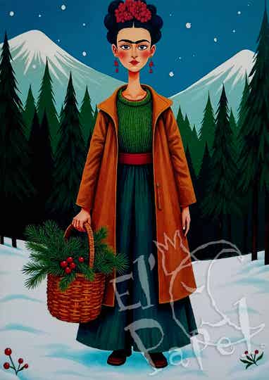 Kerst ansichtkaart 'Frida Kahlo in berglandschap'