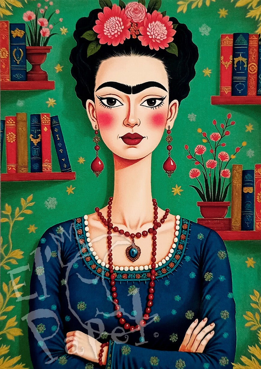 Ansichtkaart 'Frida Kahlo met boeken'