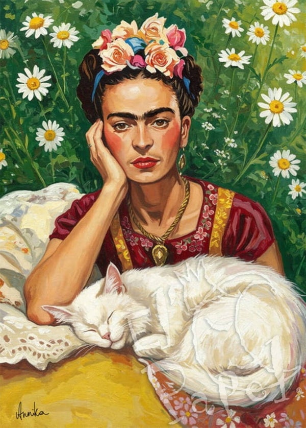 Ansichtkaart 'Frida Kahlo en slapende kat'