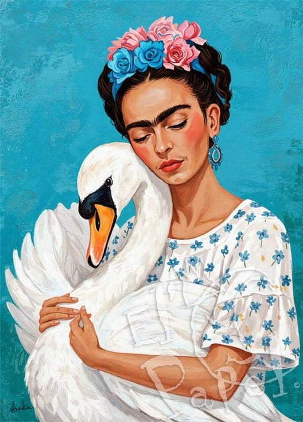 Ansichtkaart 'Frida Kahlo met zwaan'