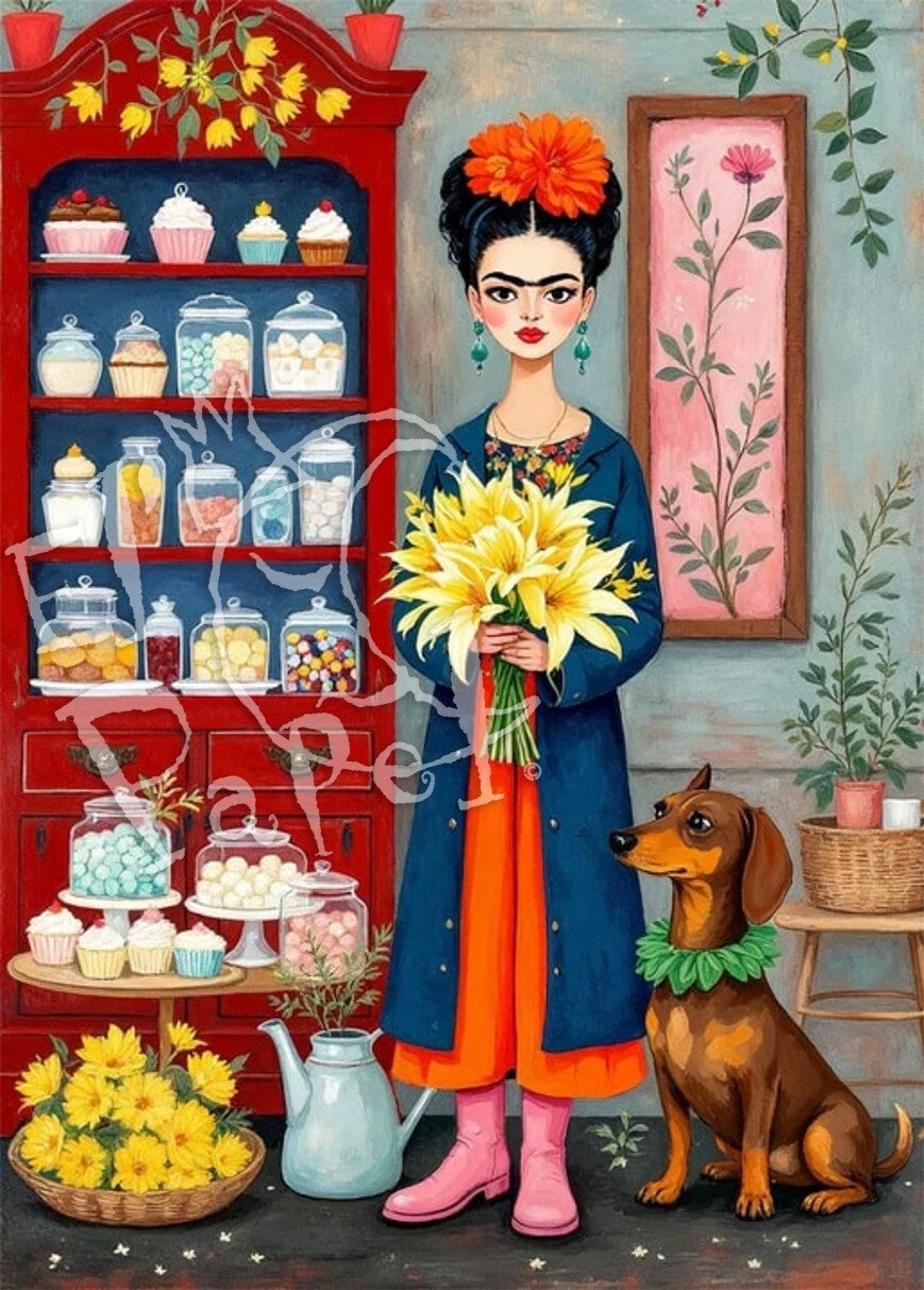 Ansichtkaart 'Frida Kahlo, lelies en een tekkel'