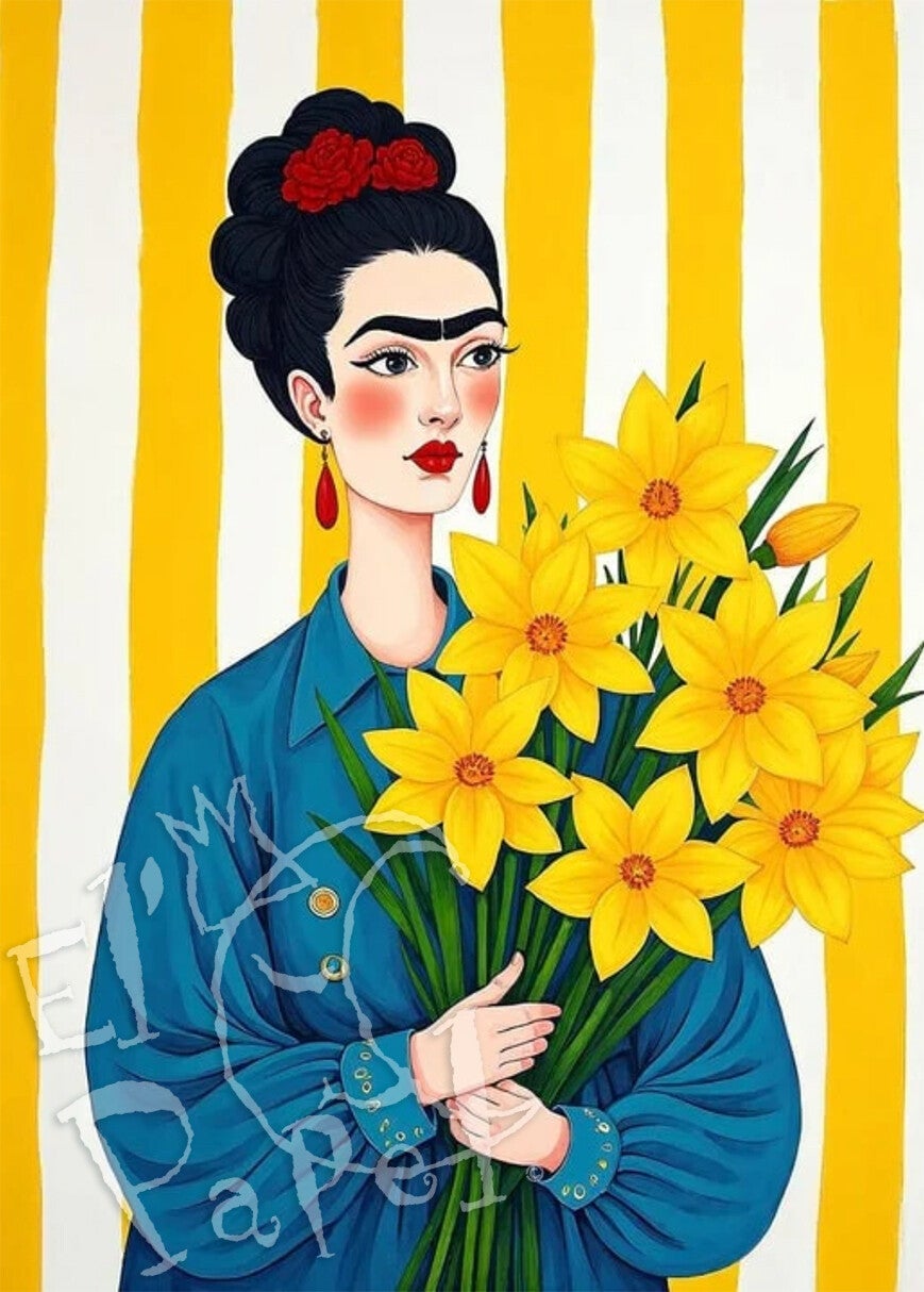 Ansichtkaart 'Frida Kahlo met gele narcissen'