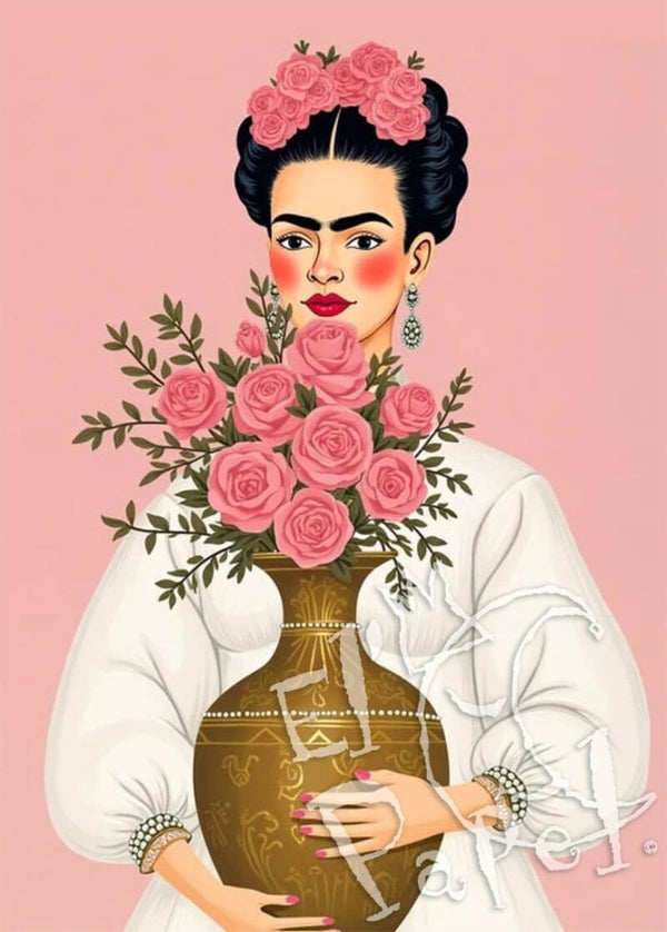 Ansichtkaart 'Frida Kahlo met vaas'