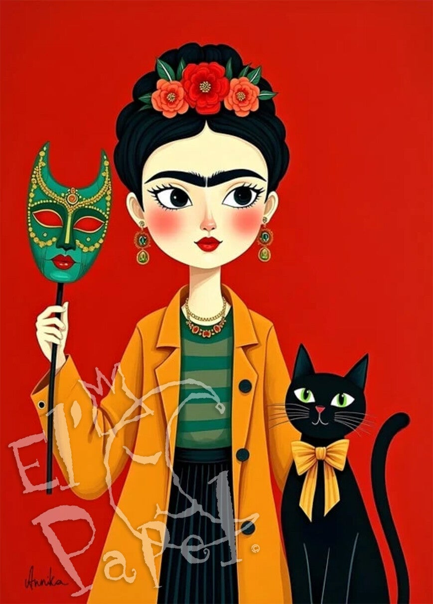 Ansichtkaart 'Frida Kahlo, masker en zwarte kat'