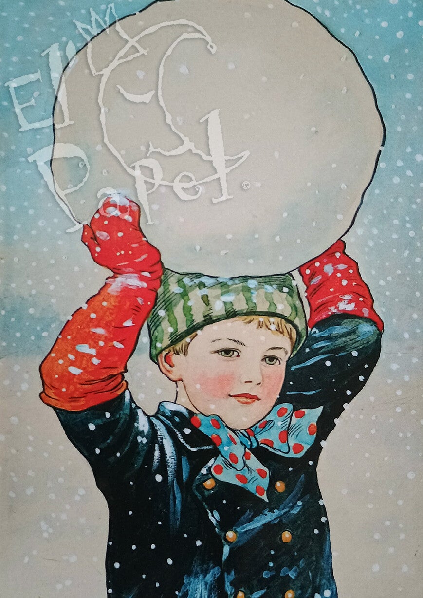 Nostalgische (Kerst) ansichtkaart 'Jongen met grote sneeuwbal'