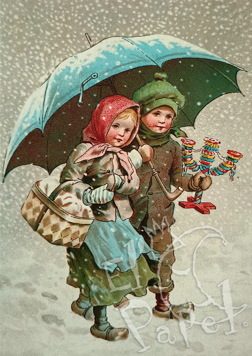 Nostalgische Kerst ansichtkaart 'Sneeuwvokjes plu'