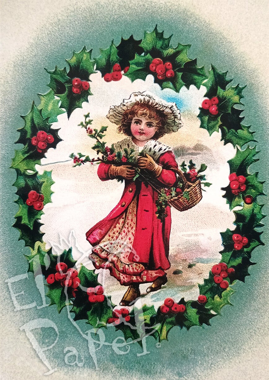 Nostalgische Kerst ansichtkaart 'Meisje in een krans van hulst'