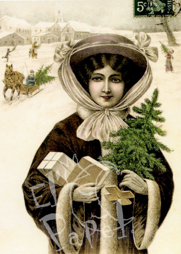 Nostalgische Kerst ansichtkaart 'Vrouw met Kerstcadeautjes'