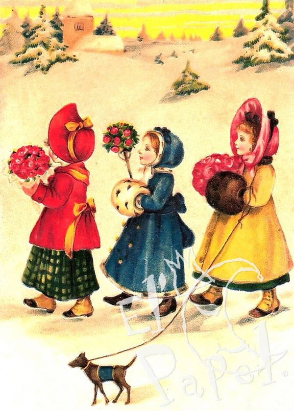 Nostalgische Kerst ansichtkaart 'Drie meisjes in Winter Wonderland'
