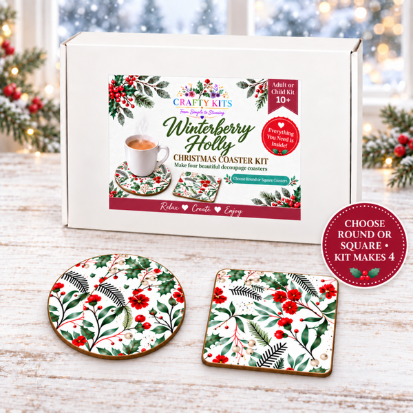 Winterberry Holly Christmas Decoupage Coaster Kit, Beginner DIY Craft Kit,