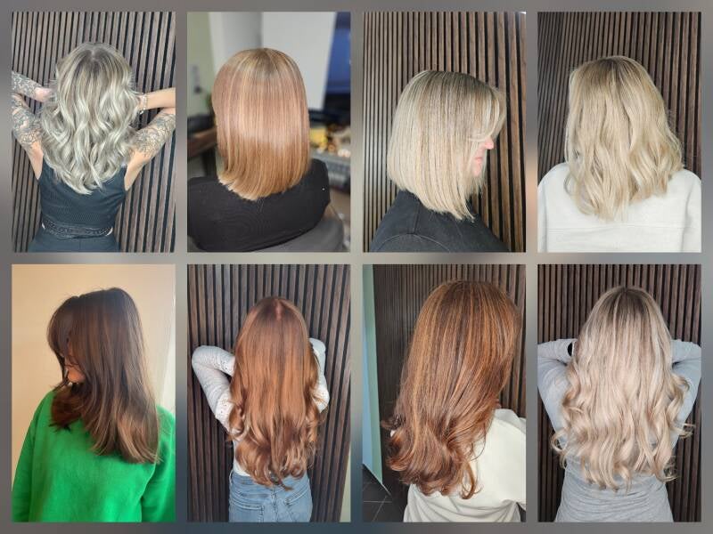 Blonde Balayage mit dunklem Ansatz Rosanna Hair Spa Pforzheim. Lange braune Haare mit natürlichem Farbverlauf. Kurzer, moderner blonder Bon in Pforzheim. Rotbraune Coloration in Oway Salon
