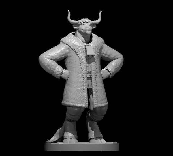 Minotaur Male Bard in big Fur coat