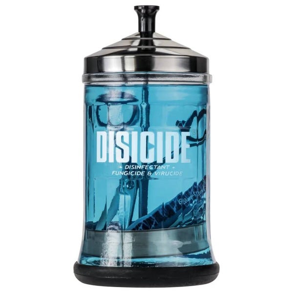 Disicide desinfecterende glazen pot - een glazen container voor het desinfecteren van gereedschap en accessoires, met een mandje