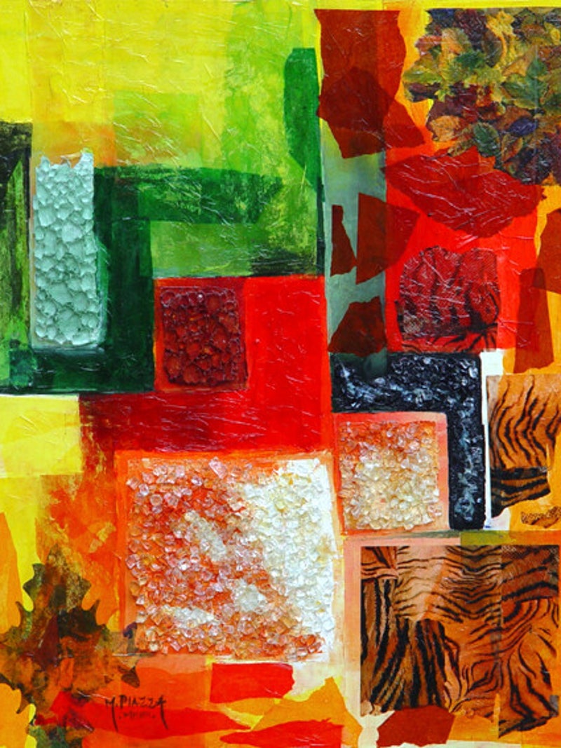 tableau peinture a l'huile, inclusion de verre et collage papier
