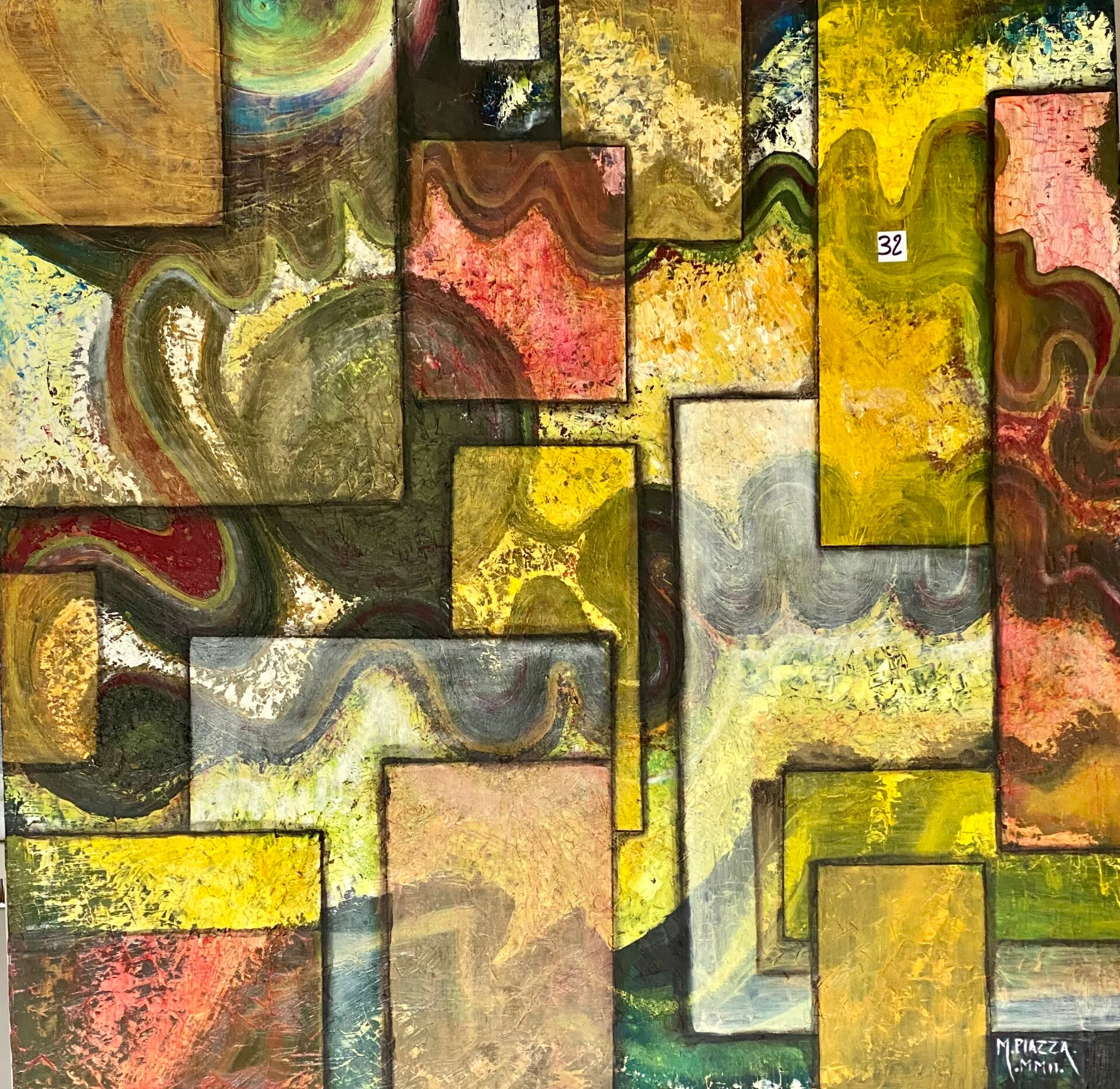 grand tableau avec matiere,  100x100cm. geometrique, peinture a l'huile dominance de jaune. 