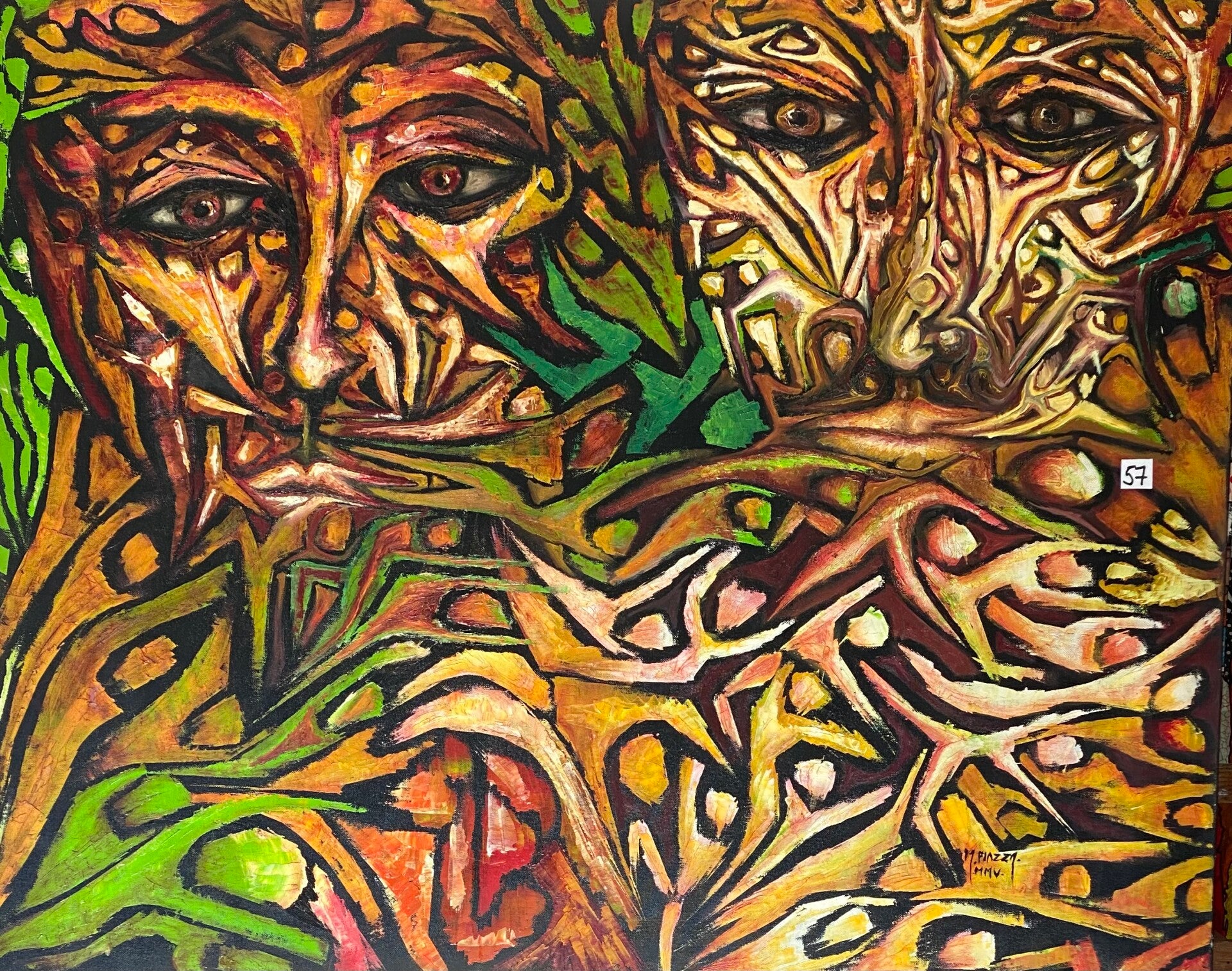 tableau de deux visages d'hommes entrlacés de corps humains