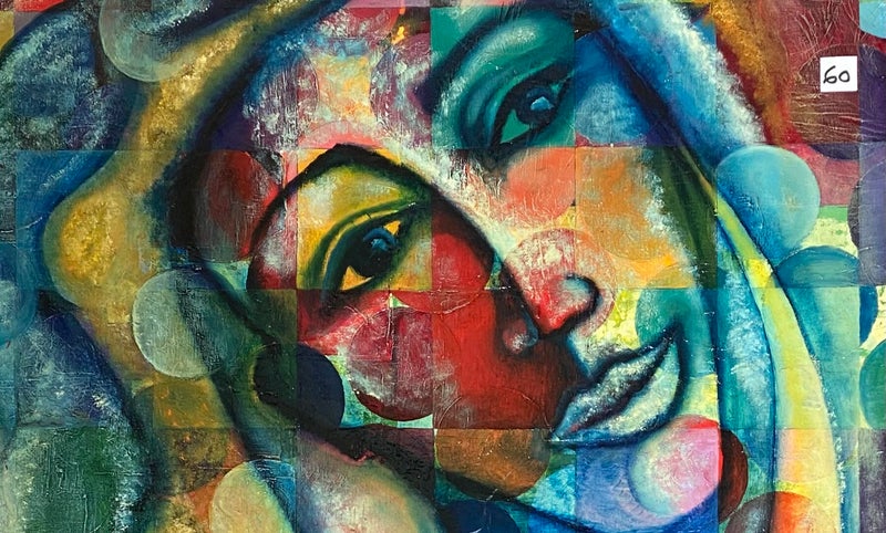 peinture visage de femme geometrique bleu
