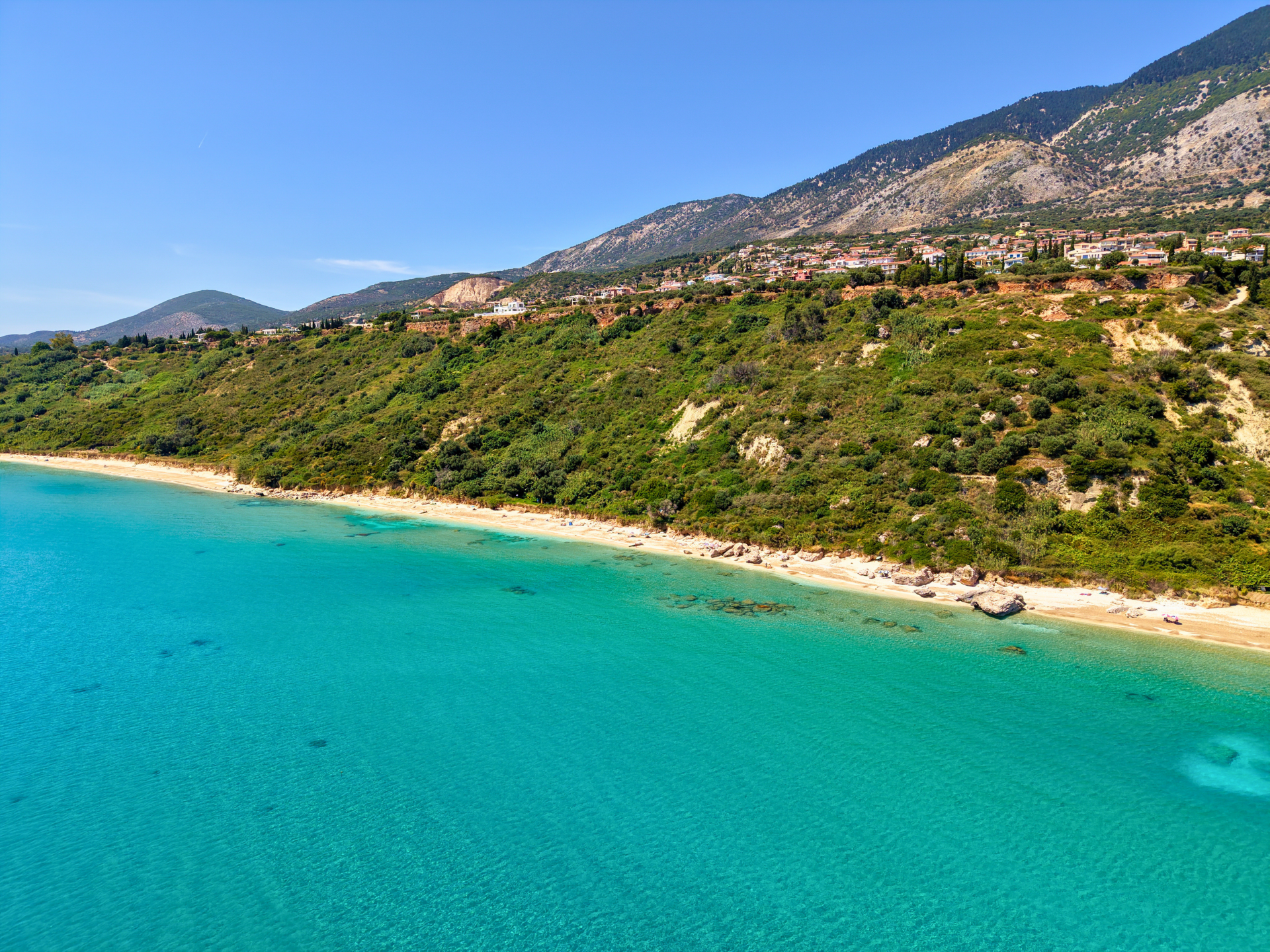 Aerial view of Vlachata and the coastline near Lourdas Bay