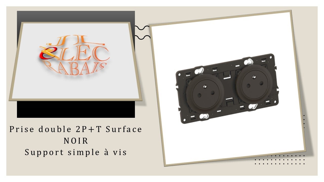 Prise double 2P+T Surface (enjoliveur noir) - support simple à vis