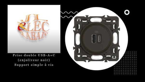 Prise double USB-A+C (enjoliveur noir) - support simple à vis