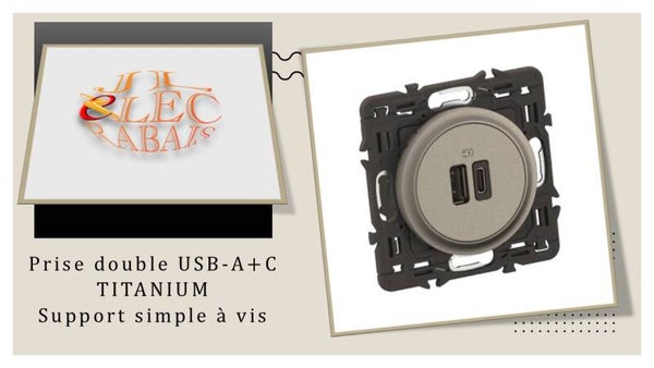 Prise double USB-A+C (enjoliveur titanium) - support simple à vis
