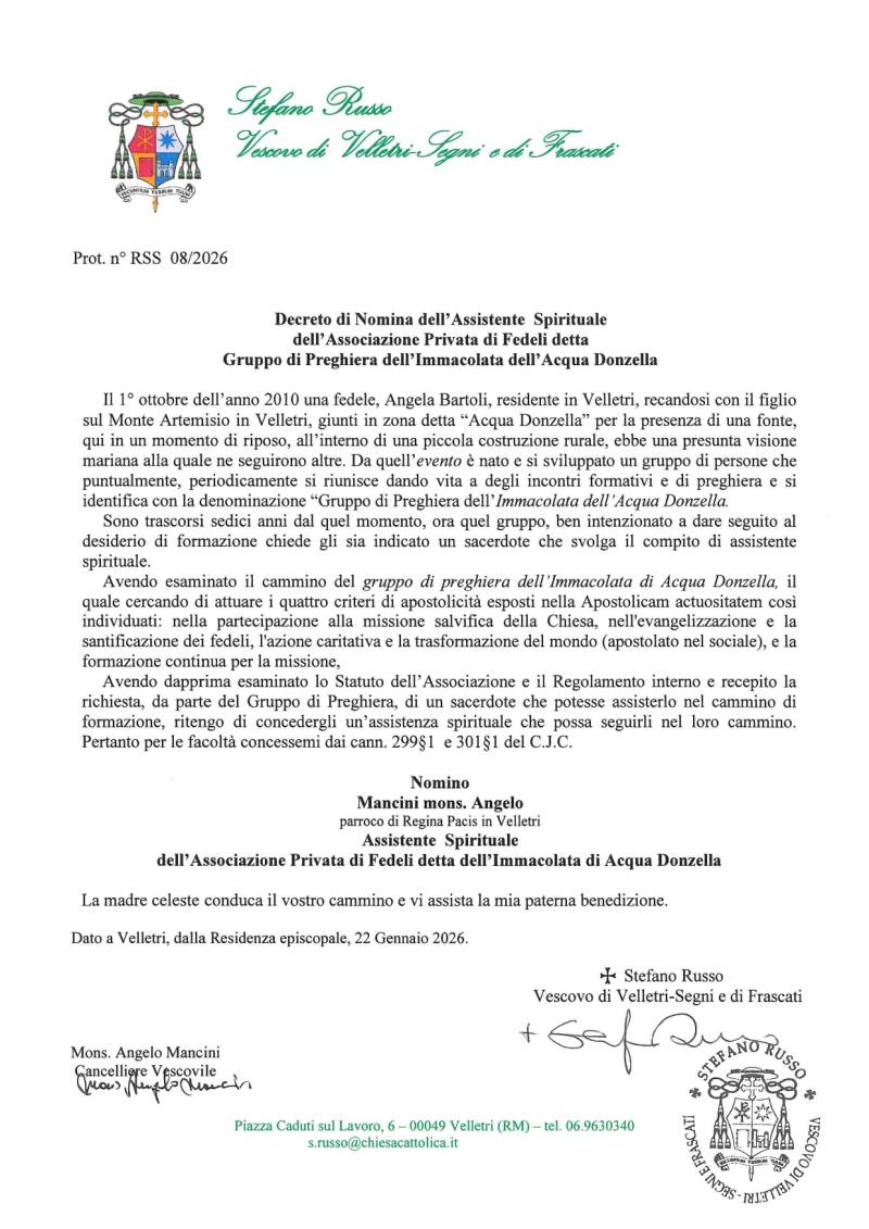 Decreto Vescovile associazione privata di fedeli dell'Immacolata dell'Acqua Donzella