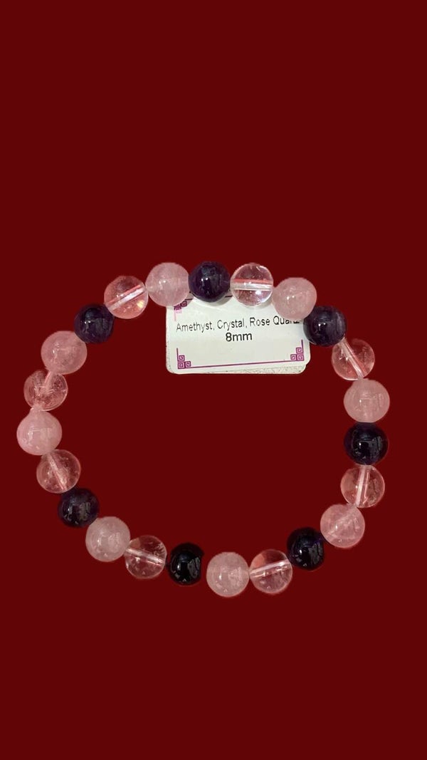 EIBC032 BRACELET AMETHYSTE, CRISTAL DE ROCHE ET QUARTZ ROSE 8MM