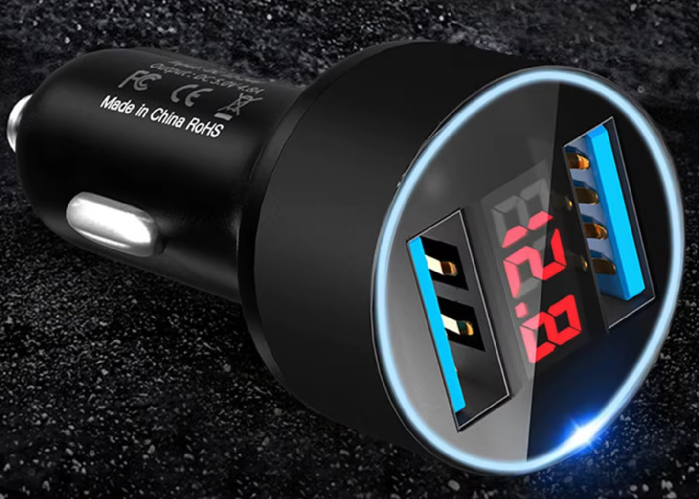 USB autolader met voltmeter (blauw led rand)