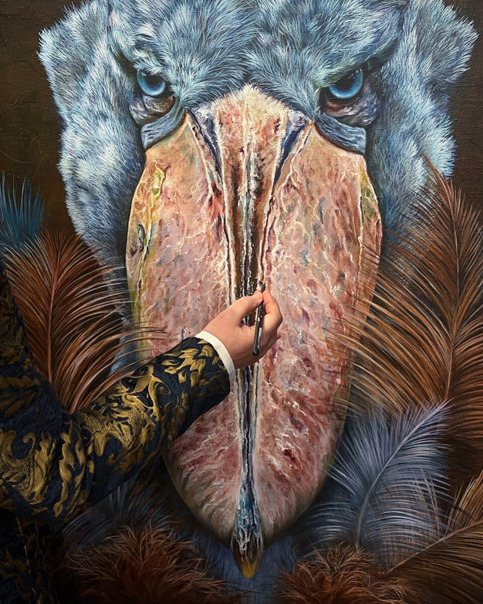 Schoenbekooievaar, Davy. een kunstwerk, realistsche olieverfschilderij door Gerrie Mathijssen