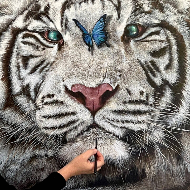 Witte tijger met blauwe vlinder, Papilio Ulysses | handgeschilder olieverf schilderij