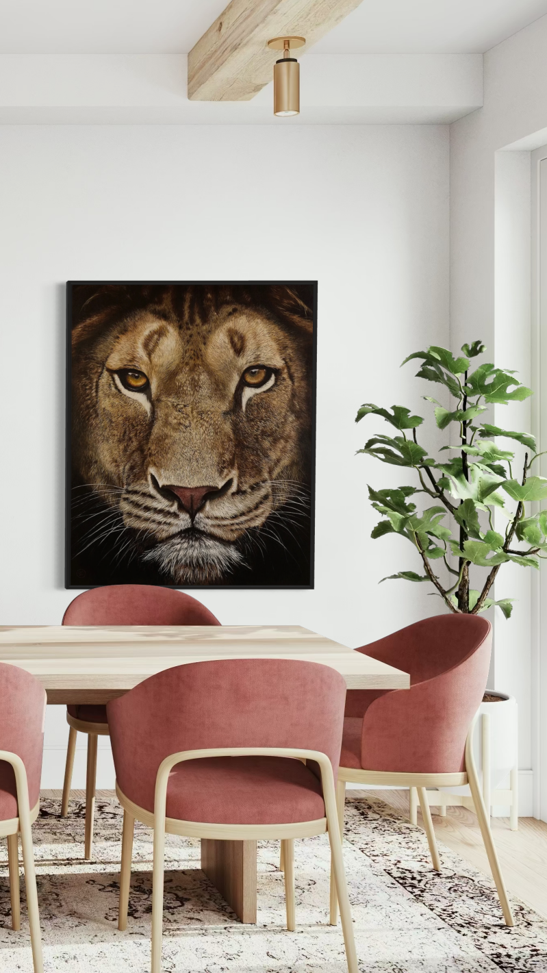een olieverfschilderij van een leeuwin – krachtig, teder en levensecht. Voor liefhebbers van leeuwen, grote katachtigen en natuurkunst.