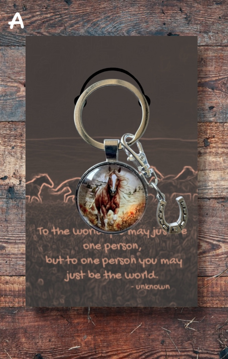 Chestnut running horse with silver horseshoe charm.