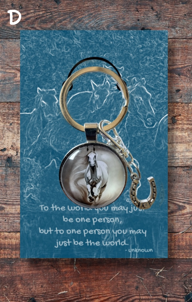 white horse running towards you with silver horseshoe charm, blue card.