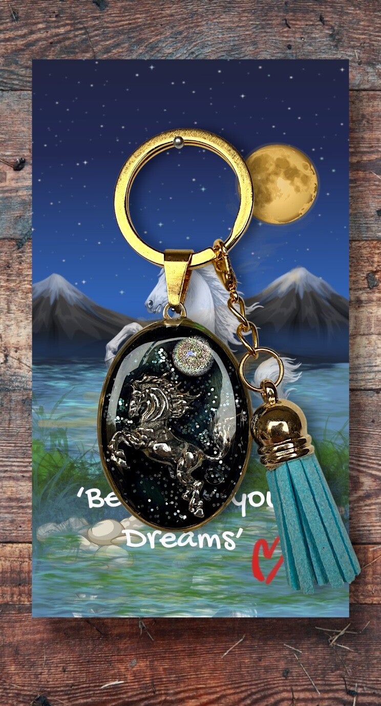Silver rearing horse and moon