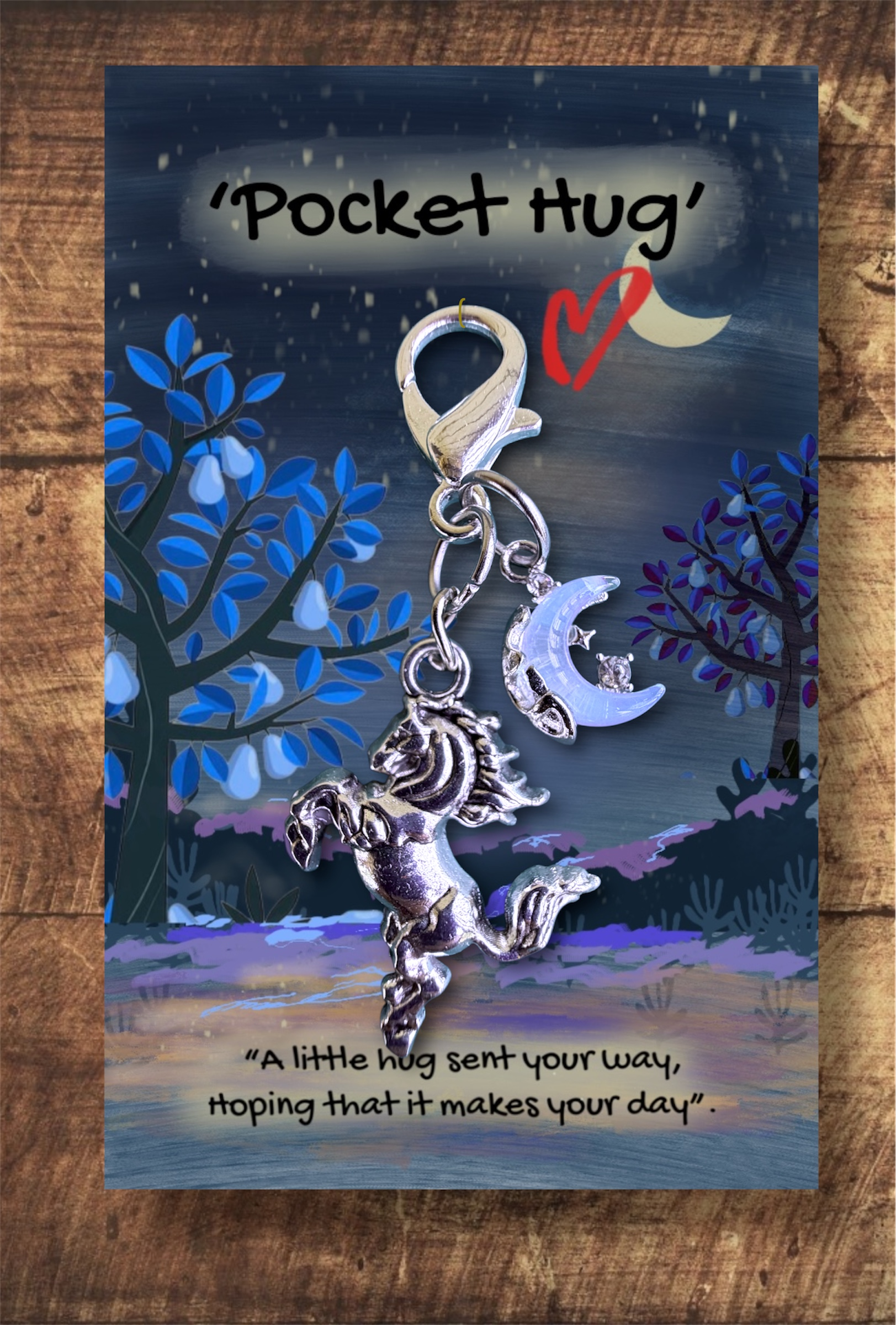 Silver rearing horse with moon
