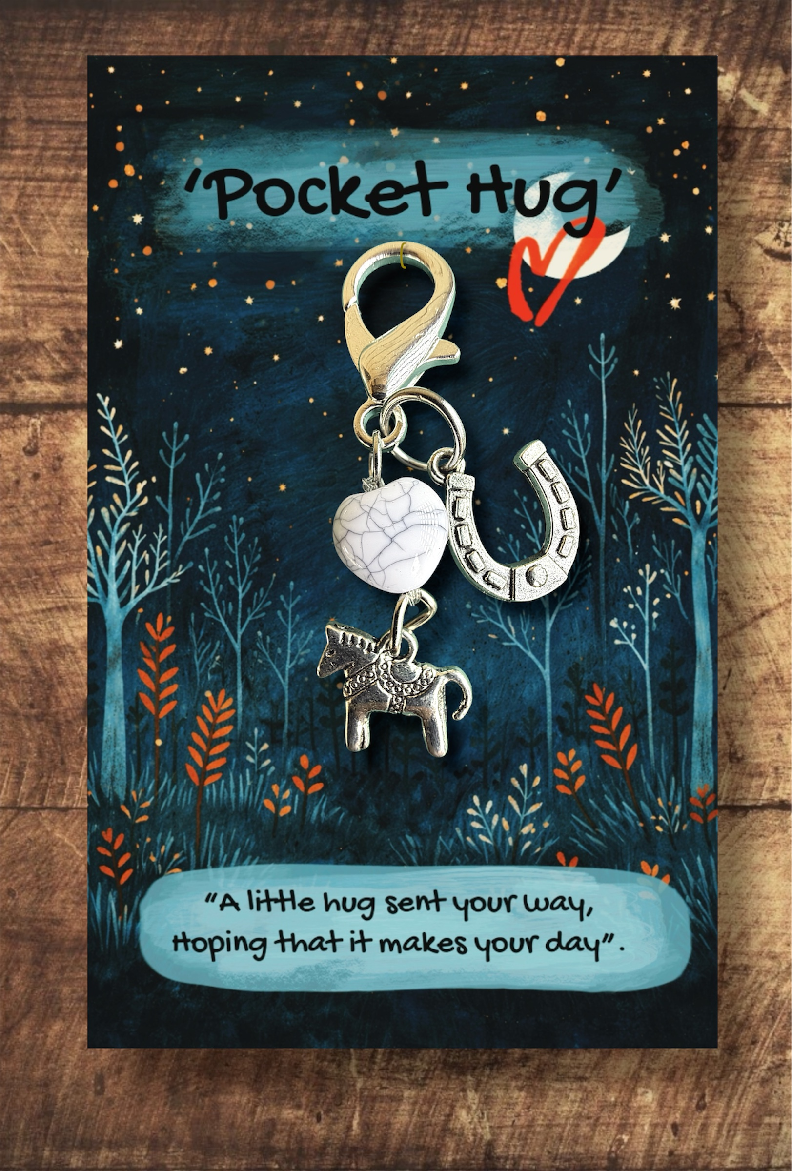 Tiny silver horse with heart bead and silver horseshoe