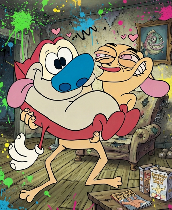 Hand-Illustrated Ren & Stimpy A4 Digital Art Print – 90s Grunge Living Room Edition