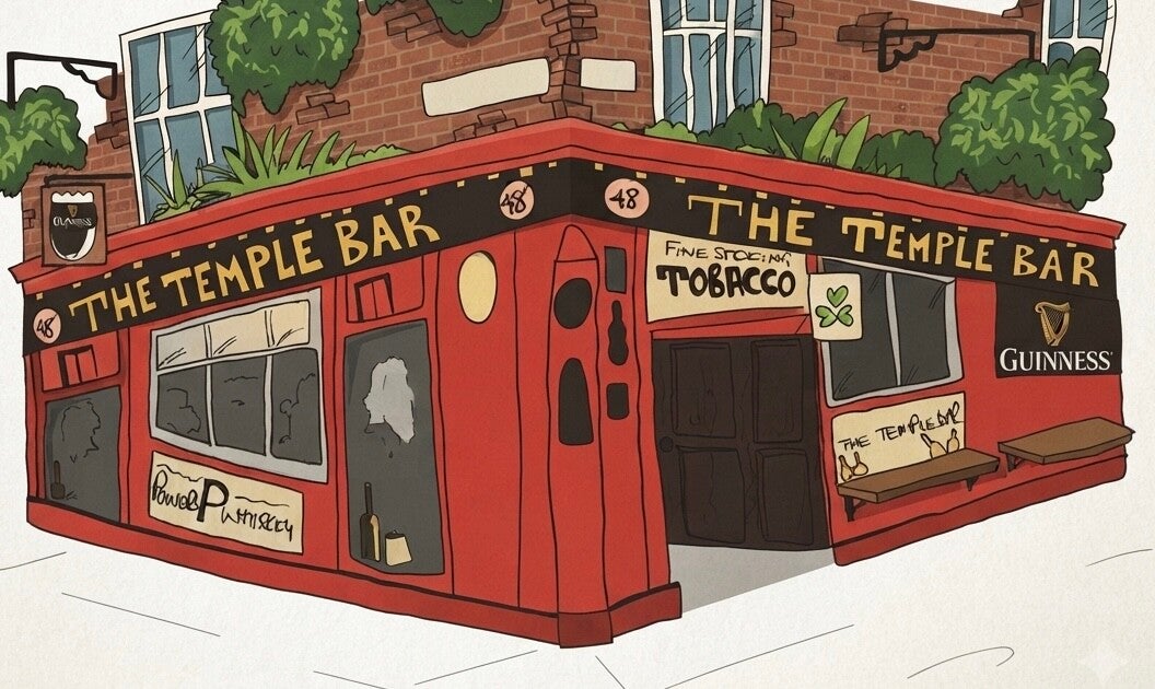"The Temple Bar" Dublin, Ireland Art Print – Hand-Illustrated Digital Illustration | Irish Pub Wall Decor, Dublin Gift (A4 Size)